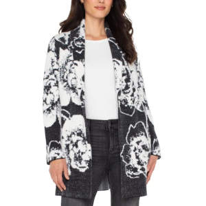 Women's Liverpool Los Angeles Open Knit Shawl Sweater Jacket Medium Black White Floral