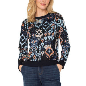 Women's Liverpool Los Angeles Pullover Sweater Dropped Shoulder Jacquard Large Blue Multi Ikat