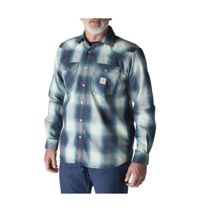 Men's Carhartt Montana Relaxed Fit FR Midweight Twill Snap Front Plaid Long Sleeve Button Up Shirt Medium Navy