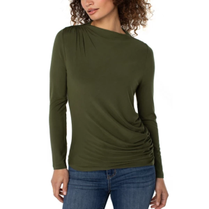 Women's Liverpool Los Angeles Knit Top With Shirring Long Sleeve T-Shirt XLarge Forest Shade