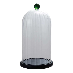 Creative Co-Op Decorative Glass Fluted Cloche with Green Knob & MDF Base