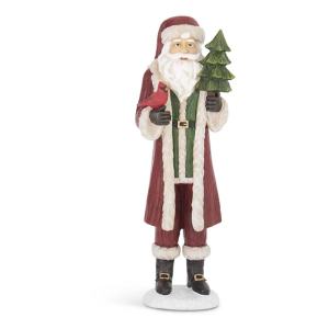 K&K Interiors 12 Inch Resin Woodgrain Santa w/Cardinal & Tree