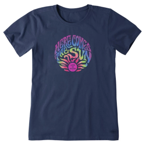 Women's Life is Good Tie Dye Here Comes the Sun T-Shirt Medium Darkest Blue