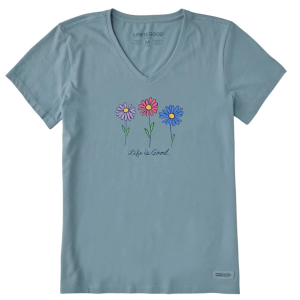 Women's Life is Good 3 Colorful Daisies T-Shirt Large Blue