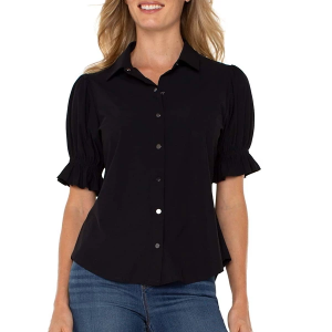 Women's Liverpool Los Angeles Snap Front Knit 3/4 Sleeve Blouse Small Black