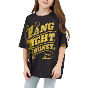 Girls' Wrangler X Lainey Wilson Hang Tight Honey Oversized Shirt Medium Black