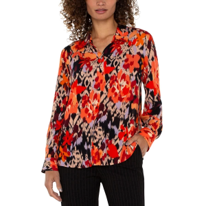 Women's Liverpool Los Angeles Woven Button Front Long Sleeve Blouse Small Burnt Orange Floral