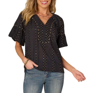 Women's Democracy Short Bubble Spliced Embroidered Woven 3/4 Sleeve Blouse Small Black