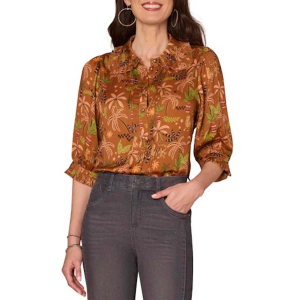 Women's Democracy Ruffle Collar Printed Woven 3/4 Sleeve Button Up Shirt Large Copper Multi