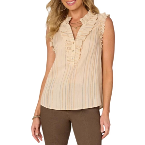 Women's Democracy Ruffle Armhole Ruched Stand Collar Half Placket Striped Woven V-Neck Tank Top Medium Ecru Stripe Multi