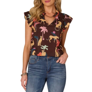 Women's Democracy Ruffle Printed Woven Blouse Large Chocolate Truffle Multi