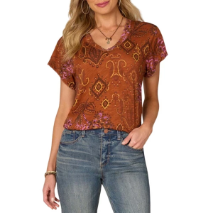 Women's Democracy Embroidered Abstract Print Knit Boyfriend Blouse Medium Wild Mulberry Multi