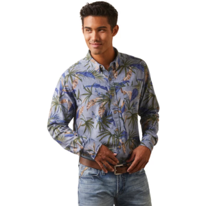 Men's Ariat Paradise Palm Stretch Modern Fit Long Sleeve Button Up Shirt 2XLarge Chambray Blue