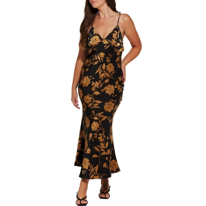 Women's DRESS FORUM Open Back Maxi Shift Dress Medium Gold Black