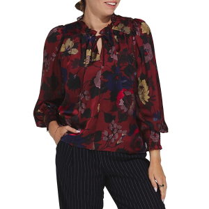 Women's DRESS FORUM Ruffle Neck Long Sleeve Blouse Medium Burgandy Floral