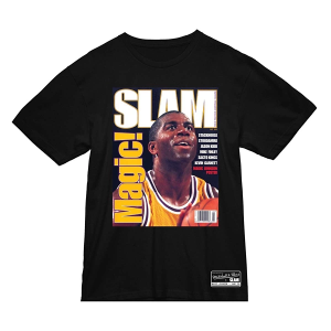 Los Angeles Lakers Magic Johnson Slam Cover Mitchell and Ness T-Shirt XLarge Dark Grey
