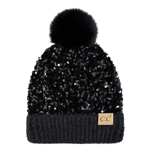 Girls' C.C Sequin Fur Pom Beanie One Size Black
