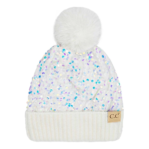 Kids' C.C Sequin Fur Pom Beanie One Size White
