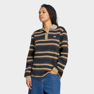 adidas Originals Women's Stripe Knitted Polo, Small, Black/Navy/Khaki