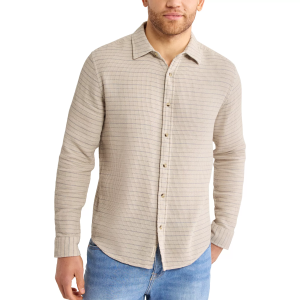 Fair Harbor Men's Oasis Long Sleeve Button-Up Shirt, Large, Beachwood Waffle Stripe