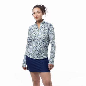 SanSoleil Women's SolMelange Printed Long Sleeve  1/4 Zip Golf Mock Neck, XS, Jungle Cat Moss