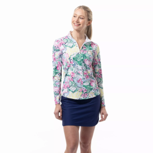 SanSoleil Women's SolTek LUX Long Sleeve Printed Mock Neck Shirt, Medium, Girls Trip Multi