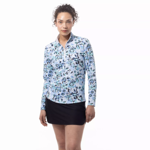 SanSoleil Women's SolAir Long Sleeve Print Golf Mock Neck, Medium, Davina Blue