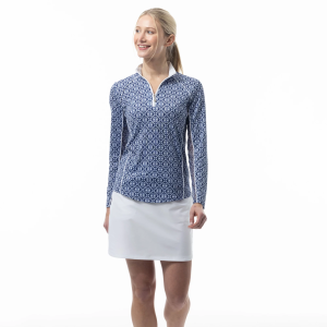 SanSoleil Women's Sunglow Print Piping Long Sleeve Mock Neck Shirt, XS, Casablanca Navy