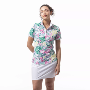 SanSoleil Women's SolTek LUX Mock Neck Short Sleeve Golf Polo, XL, Girls Trip Multi