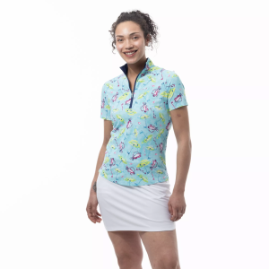 San Soleil Women's SolAir Short Sleeve Print Golf Mock Neck, XS, Flags And Bags