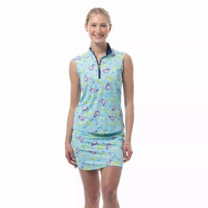 SanSoleil Women's SolAir Sleeveless Print Golf Mock Neck, XXL, Flags And Bags