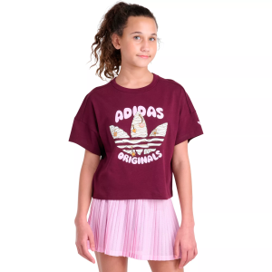 adidas Originals Girls' Trefoil Lace Graphic Tee, Small, Maroon