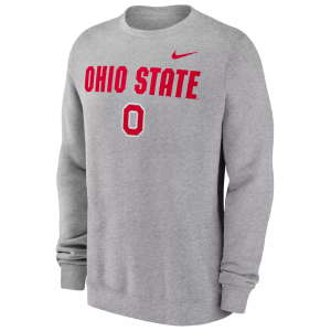 Nike Men's Ohio State Buckeyes Dark Grey Heather Club Fleece Wordmark Crew Neck Sweatshirt, Large, Gray