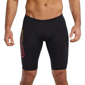 TYR Men's Durafast Elite Large Logo Jammer, Size 30, Black/Orange/Yellow