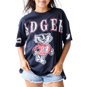 Gameday Social Women's Wisconsin Badgers Washed Black The Band Short Sleeve T-Shirt, Medium