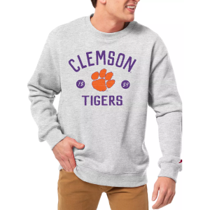 League-Legacy Men's Clemson Tigers Grey Essential 2.0 Fleece Crew Neck Sweatshirt, Small, White