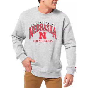 League-Legacy Men's Nebraska Cornhuskers Grey Essential 2.0 Fleece Crew Neck Sweatshirt, Small, White