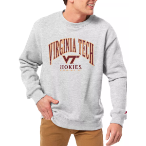 League-Legacy Men's Virginia Tech Hokies Grey Essential 2.0 Fleece Crew Neck Sweatshirt, Small, White