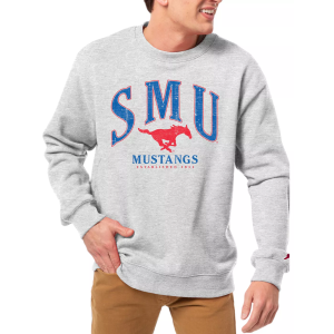 League-Legacy Men's Southern Methodist Mustangs Grey Essential 2.0 Fleece Crew Neck Sweatshirt, XS, White