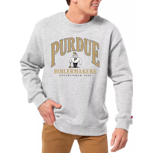 League-Legacy Men's Purdue Boilermakers Grey Essential 2.0 Fleece Crew Neck Sweatshirt, Small, White