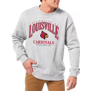 League-Legacy Men's Louisville Cardinals Grey Essential 2.0 Fleece Crew Neck Sweatshirt, Small, White