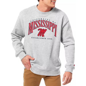 League-Legacy Men's Ole Miss Rebels Grey Essential 2.0 Fleece Crew Neck Sweatshirt, Small, White