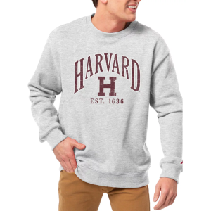 League-Legacy Men's Harvard Crimson Grey Essential 2.0 Fleece Crew Neck Sweatshirt, Small, White