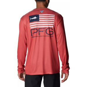 Columbia Men's Terminal Tackle Fish Star Long Sleeve Shirt, Small, Sunset Red/Col Navy Mar