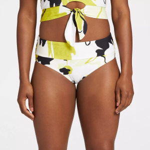 CALIA Women's Mid Rise Wide Band Swim Bottoms, 2X, Green Multi