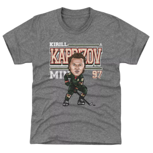 500 Level Youth Minnesota Kirill Kaprizov #97 Cartoon Grey T-Shirt, Medium, Green