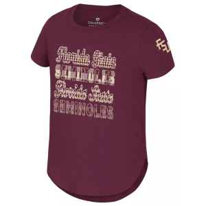 Colosseum Girls' Florida State Seminoles Garnet Flame Princess Short Sleeve T-Shirt, Medium, Red
