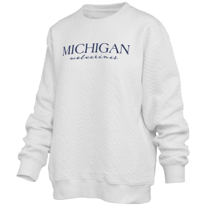 Pressbox Women's Michigan Wolverines Ivory Champagne Brandberg Crew Pullover Sweatshirt, Small, White