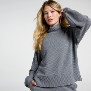 CALIA Women's Elevate Rib Mock Neck Shirt, Large, Dark Heather Grey