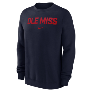 Nike Men's Ole Miss Rebels Navy Arch Club Fleece Crew Pullover Sweatshirt, Large, Blue